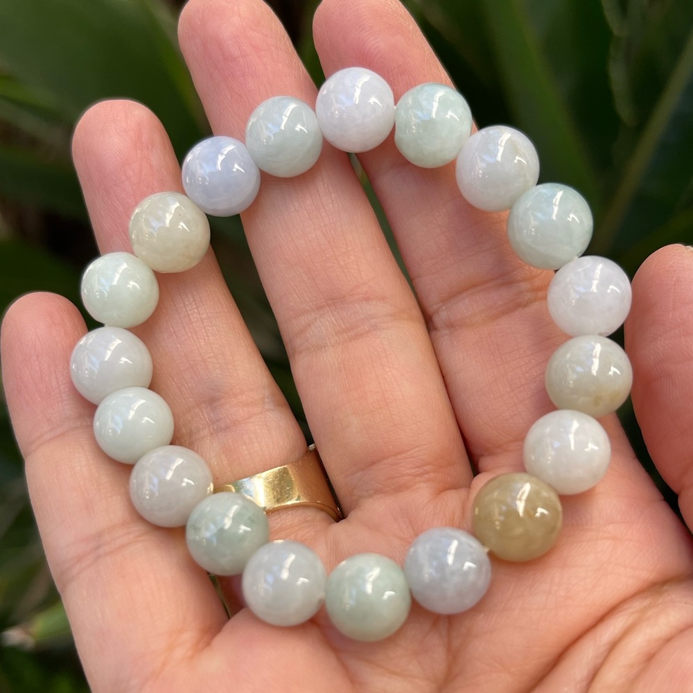 Lavender green yellow 10mm genuine jadeite jade bead stretchy bangle bracelet - Picture 2 of 6